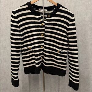 Zara Black & White Striped Cardigan with Gold Buttons